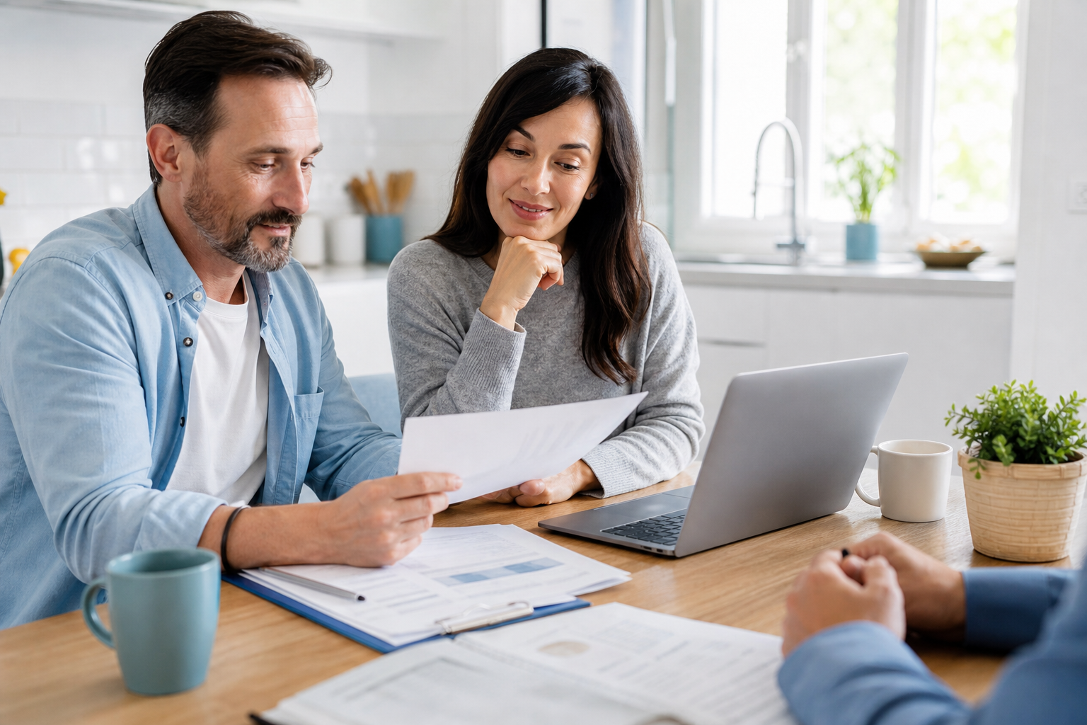 Family reviewing insurance paperwork at a kitchen table